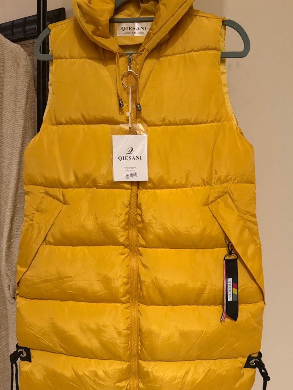 NWT Qiesani Women's Long Yellow Hooded Puffer Vest with Zip